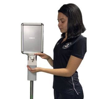Mobile Hygienestation HS-300 mit Schild | Sockel pulverbeschichtet |  für z.B Desinfektionsmittel oder Handpflegeprodukte | 500ml Behälter