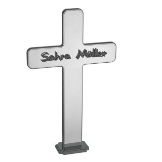 Grabmal Kreuz aus Edelstahl poliert | Sockel+Inschrift Schwarz PVD beschichtet