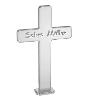 HISKA |  Grabmal Kreuz aus Edelstahl matt, Spiegelpoliert oder PVD beschichtet Edelstahl poliert-Sockel+Inschrift Edelstahl matt