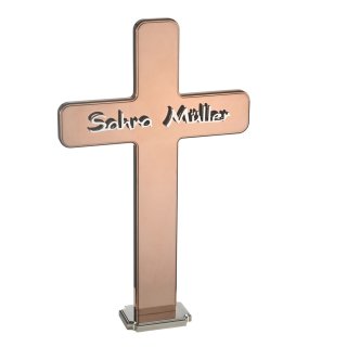 Grabmal Kreuz aus Edelstahl Kupfer PVD beschichtet | Sockel+Inschrift Edelstahl poliert