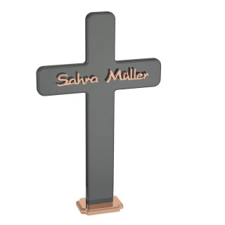 Grabmal Kreuz aus Edelstahl Schwarz PVD beschichtet | Sockel+Inschrift KUPFER PVD beschichtet