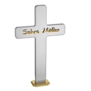 Grabmal Kreuz aus Edelstahl Edelstahl poliert Kreuz | Sockel + Inschrift Gold PVD beschichtet